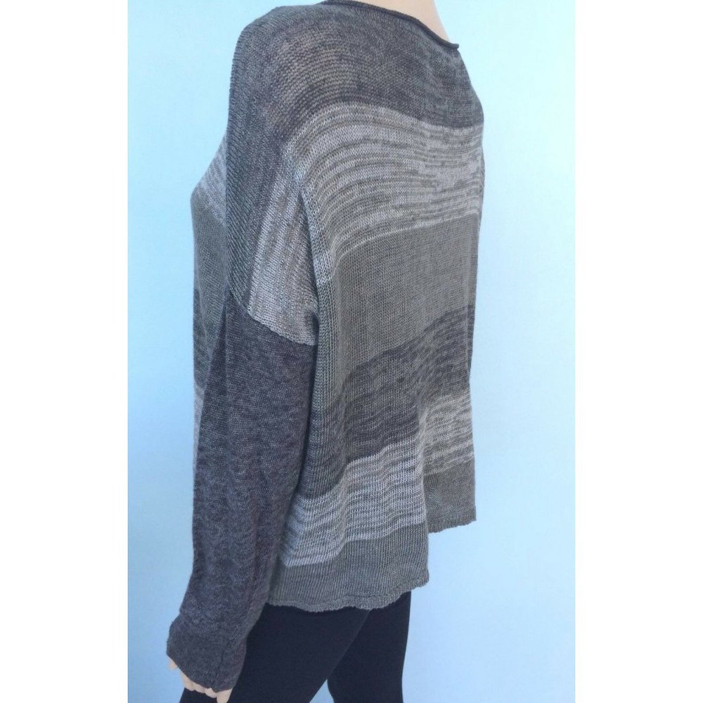 Eileen Fisher Women's Sweater Gray Striped Long Sleeve 100% Linen Scoop Neck M - Picture 4 of 12